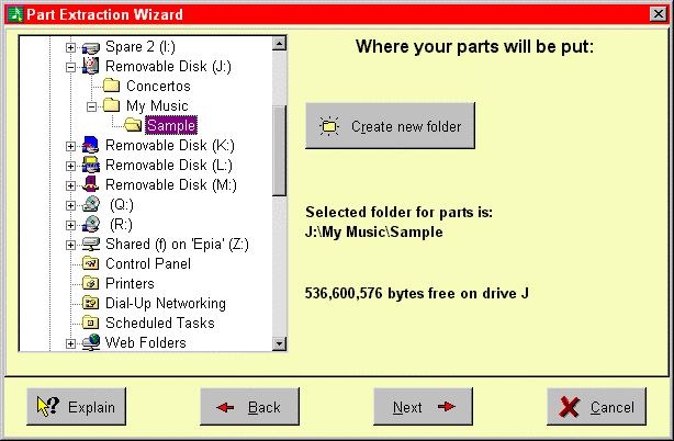 Music Publisher 8 manual Page 195 Where to put the parts on your disk Fig 202 Part Extraction Wizard 4: where to put the parts At the next page of this page of the Wizard, you will be offered a tree