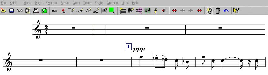 Music Publisher 8 manual Page 197 Fig 205 showing empty bars to be merged To merge the first 5 bars, shift+click the full bar rest in the first bar and the same in the 5th.
