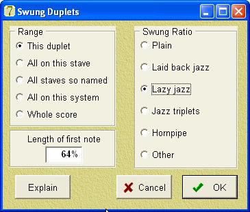 Music Publisher 8 manual Page 233 Fig 246 - Swung Duplets dialog box The menu on the left is self-explanatory and gives the range of notes which would be altered.