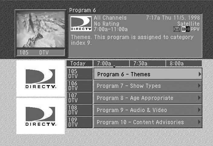 The Program Detail Screen displays all of the information provided in the Channel Banner and Full Channel Banner, plus complete details about the program and a list of actions you can take related to