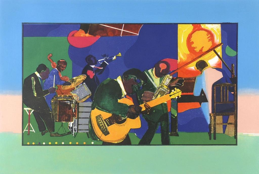 Romare Bearden grew up in Harlem only a few blocks away from some of the most popular jazz clubs and dance halls during the Harlem Renaissance, like the Lafayette and the Savoy Ballroom.