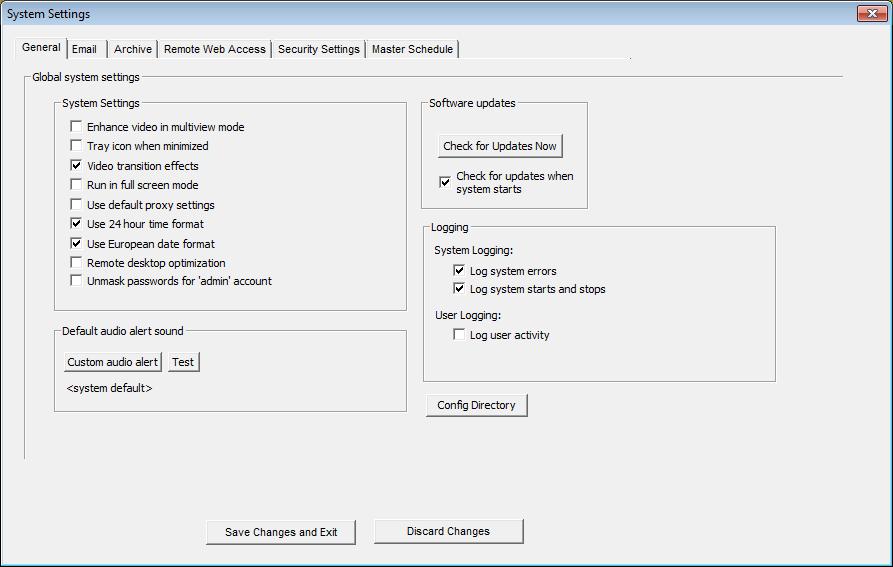 System Settings The system settings dialog box allows you to configure system settings and select options that apply globally to the whole system, as well as to all cameras.