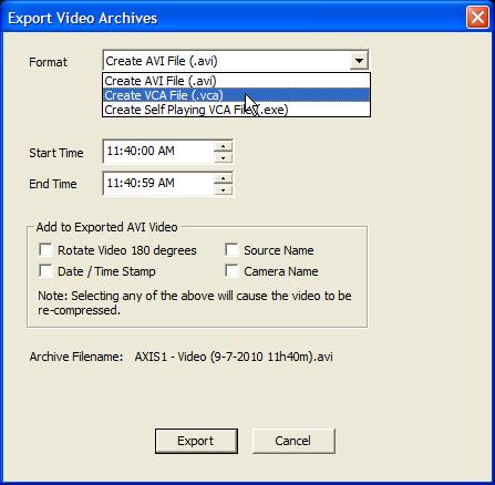 Video Player VCA Video Format ViewCommander-NVR Professional Plus and higher models have an optional feature that allows you to export video to a VCA file (in addition to an AVI file).