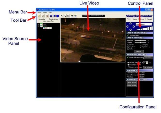 ViewCommander-NVR User Interface ViewCommander-NVR has an easy to use interface allowing the operator to view and control remote video cameras, and to adjust various video settings.