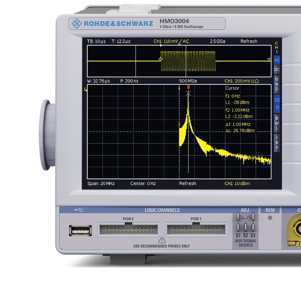 Frequency Analysis Due to the outstanding FFT functionality of the R&S HMO series oscilloscopes signals can also be analysed in the frequency domain with up to 65,536 points.