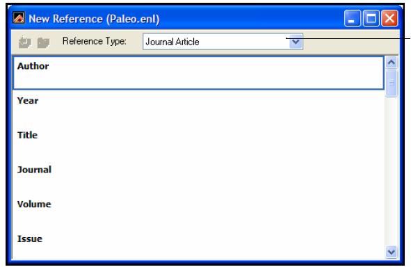 1- Add references manually A- This example demonstrates how to type reference information into EndNote. Once a library is open, you can add a new reference to it: 1.
