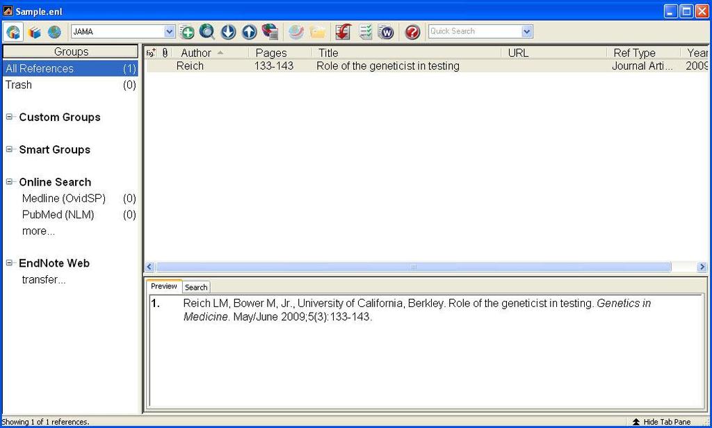 When the New Reference window is closed, the record will be displayed in the Preview Window, in the style selected in the
