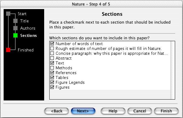 For this tour, you can deselect some of the sections as indicated in the window below, and then click Next. 12. Click Finish to complete the manuscript wizard and display the new Word document.