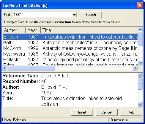 8. Type the date 1987 into the find box and click Search. EndNote lists the matching references. 9.
