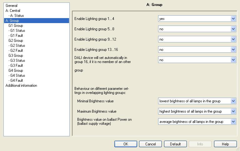 ABB i-bus KNX 3.2.3 Parameter window A: Group In order to simplify the overview in the ETS, the parameter windows for the lighting groups are enabled in four groups of four lighting groups each.
