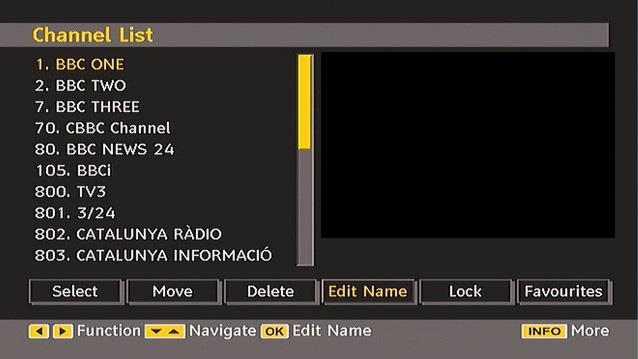 Renaming Channels To rename a specifi c channel, the channel must be highlighted by pressing or button. Then highlight the Edit Name item by pressing or button as illustrated below.