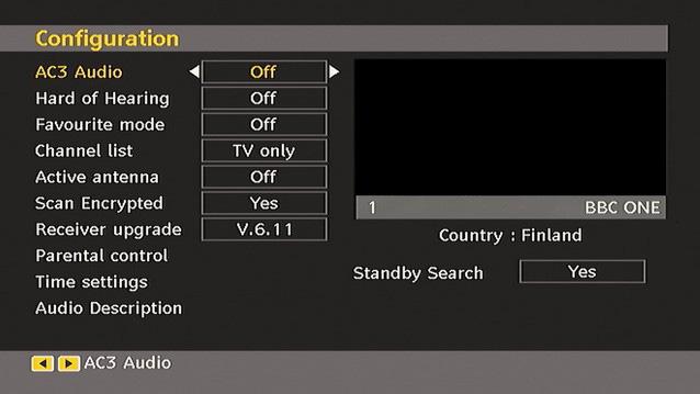 AC3 Audio (* for EU countries only) In the Confi guration Menu, highlight the AC3 Audio item by pressing or buttons. Use the or buttons to set the AC3 Audio as On or Off.