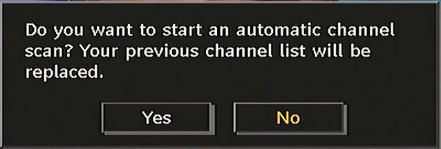 is started by pressing OK button while Automatic channel scan item is highlighted. The following message appears on the screen: Highlight Yes or No by using or buttons and press OK button to confi rm.