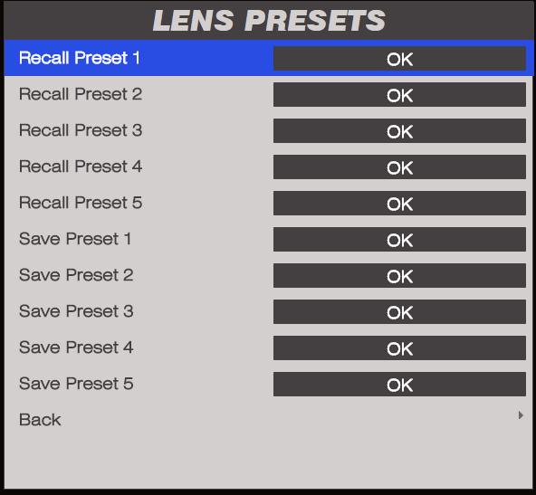 LENS MENU Lens Presets This menu allows you to recall and save up to five lens presets, containing position, zoom, focus and shift adjustment information.