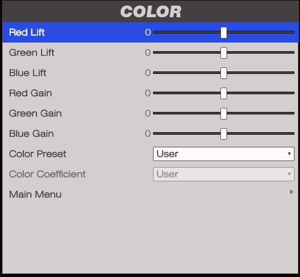 COLOR MENU Color Menu Lift and Gain sliders Lifts allow you to adjust black levels of individual colors, while gains adjust the bright part of the scale Set as required.