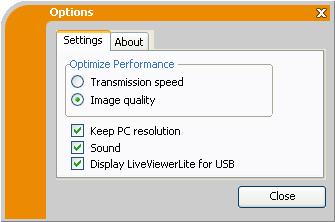 Presentation tools USB Display (continued) Options window If you select the Option button on the floating menu, the Options window is displayed.