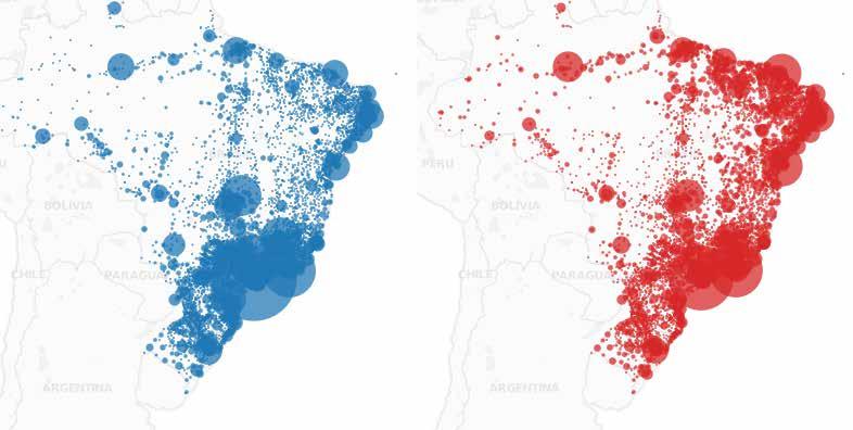 This scaling corrects common geographic distortions in Brazil maps that show states and cities with big geographic areas and small population.