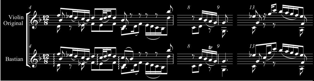 43 *Calderón Segovia 4!! & && && & ) & & &&&& & & & ) ) ) & & & ) & &&& &! & && & ) && & & &&& & & & & ) ) ) ) & & && &&& & Figure 13 Siciliano, Sonata no. 1, m.4. Calderón and Segovia harmonic variations.