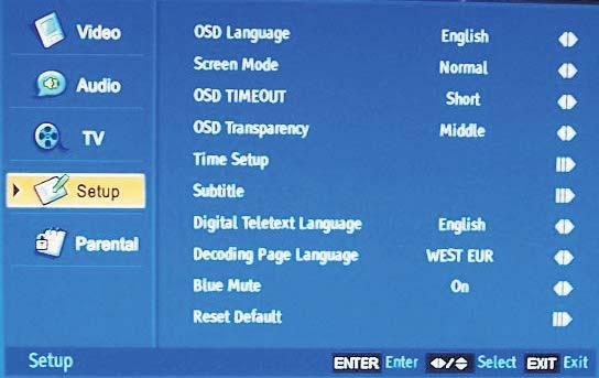 5MHz OK Set EXIT Cancel OSD Language Screen Mode OSD Timeout OSD Transparency Time Subtitle Teletext Blue Mute Reset Default OK Enter English Auto Long Middle On Select EXIT Exit 4. MENU a.