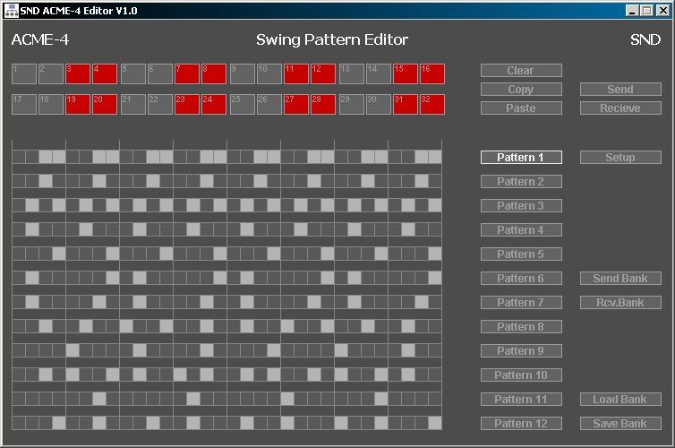 8 Editor 8.2 Swing Pattern Editor 8.2.1 Editing Swing Patterns By clicking on one of the 12 Pattern buttons you chosse the pattern to be edited.