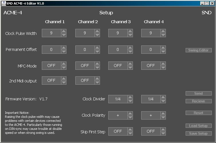 8 Editor 8.3 Setup Editor Pressing Setup takes you to the setup screen. Here, you can edit all the parameters found in the ACME-4 setup mode.