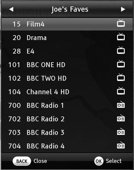 1. In the channel list, favourites lists can be selected in the same way as the Freeview TV, radio and data channel lists, by pressing the or buttons.