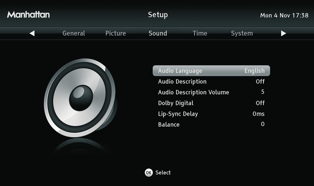 SOUND MENU SECTION Highlight the option you want to alter using the and buttons. When you have finished making the changes you want, leave the menu system by pressing BACK or EXIT.