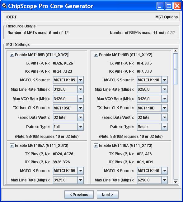 Chapter 2: Using the ChipScope Pro Core Generator R Selecting the MGT Options After selecting the clock options for the IBERT core, click Next to view the IBERT MGT Options (Figure 2-6).
