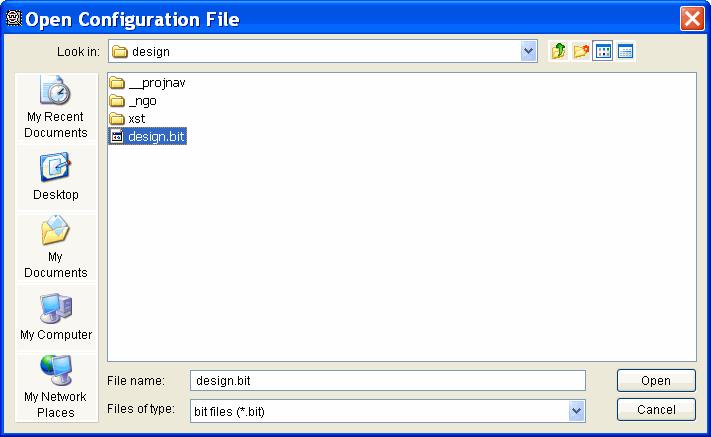 Figure 4-8: Selecting a Bitstream To select the BIT file to download, click on Select New File. The Open Configuration File dialog box (Figure 4-9) opens.