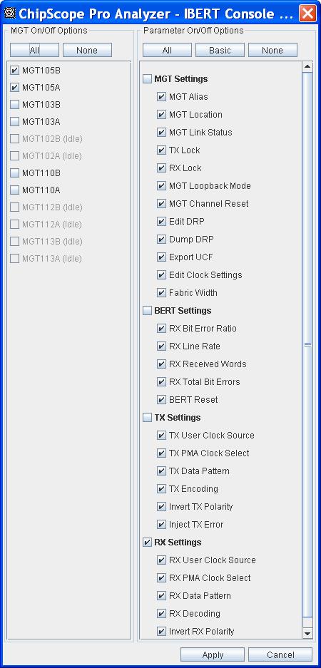 R Analyzer Features IBERT Options Dialog To open the IBERT Options dialog (Figure 4-21), either choose IBERT IBERT Console Options from the menu, or click on the IBERT Console Options button on the