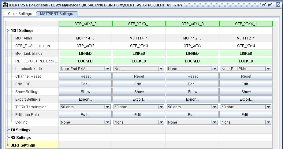 Chapter 4: Using the ChipScope Pro Analyzer R MGT/BERT Settings Panel The MGT/BERT Settings panel contains a table that is made up of one or more vertical columns and horizontal rows.