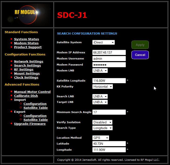 Search Settings Page The Search Settings Page allows the user to configure the SDC-J1 Satellite Antenna Controller with specific information pertaining to the