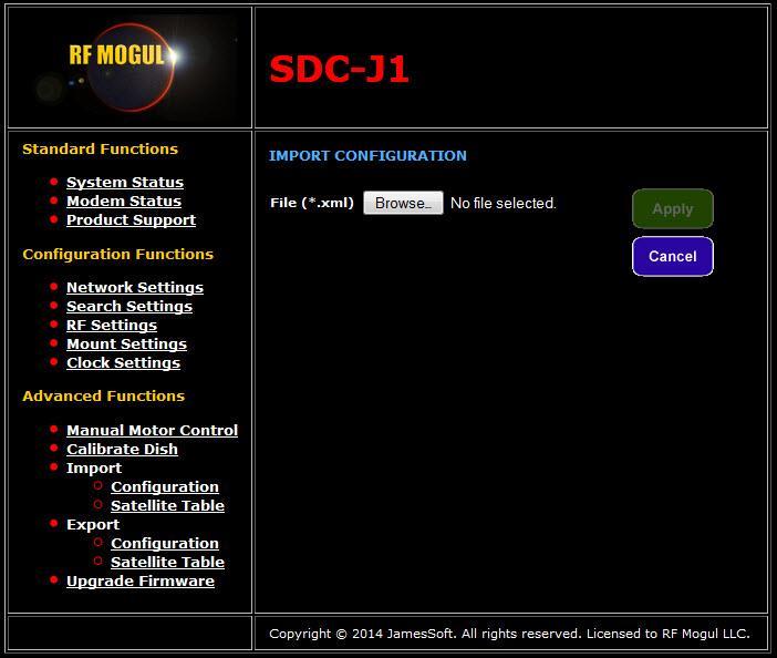 Import Configuration Importing Files to the SDC-J1 The SDC-J1 Satellite Antenna Controller is capable of importing and exporting both Configuration and Satellite Table files.
