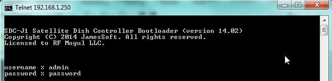SDC-J1 Bootloader Telnet Access Using Telnet when in Bootloader you will find the Bootloader version. Default username is admin and default password is password.