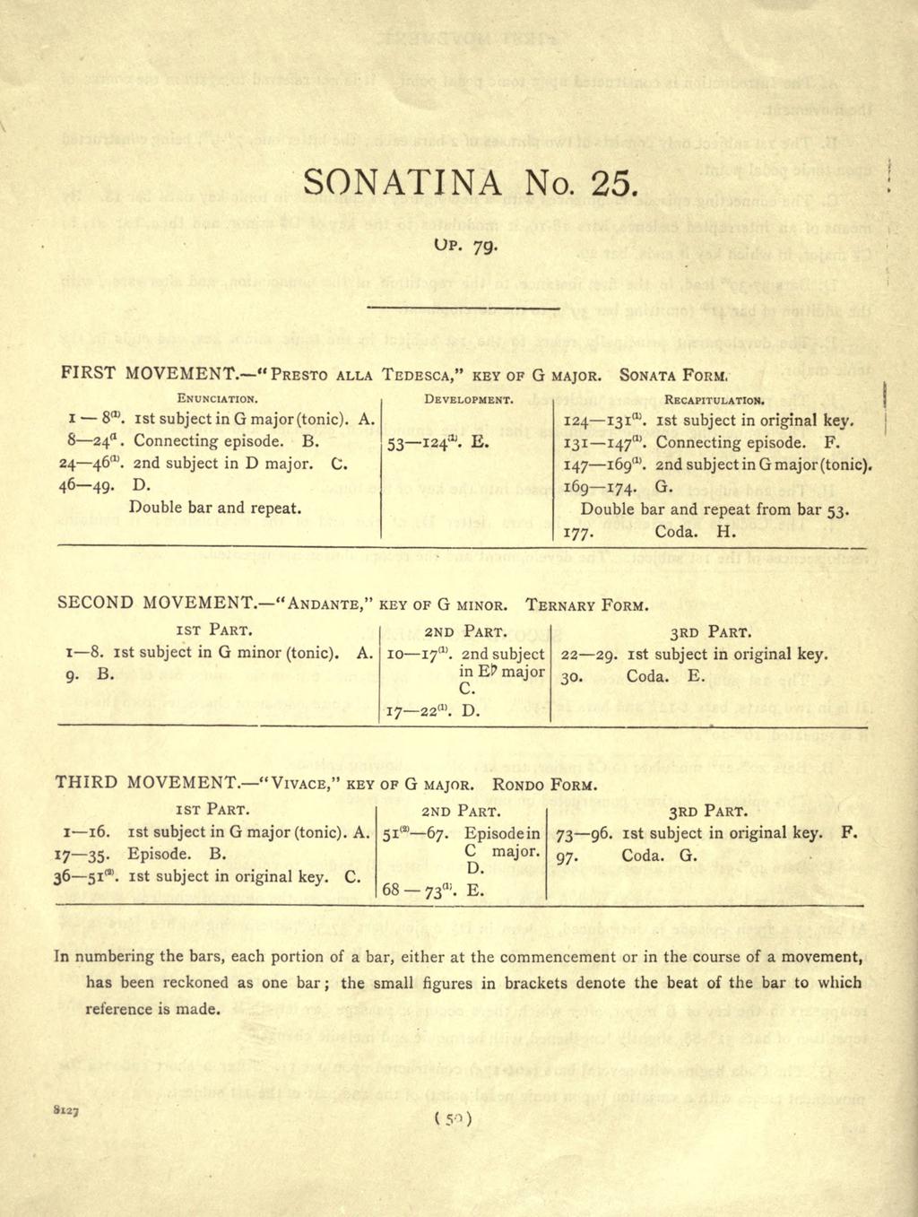 SONATINA No. 25. UP. 79. FIRST MOVEMENT. "PRESTO ALLA TEDESCA," KEY OF G MAJOR. SONATA FORM. I 8 m. ist subject in G major (tonic). A. 8 24**. Connecting episode. B. 24 46'". and subject in D major.