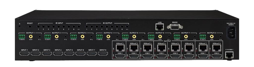 remote destinations via HDBaseT and (8) local destinations via HDMI Mirrored HDMI/HDBaseT outputs, providing up to 16 ports TCP/IP,