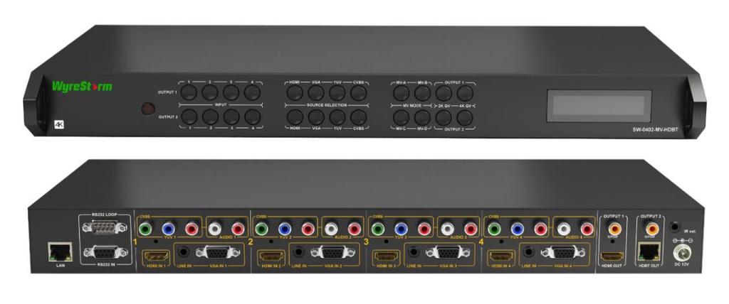 WyreStorm (2/3) 4-input (12-source) Multi-View Scaler/Switcher with 4K HDMI/HDBaseT Outputs (SW-0402-MV- HDBT) View sources as full/partial screen PiP or 2x2 quad-screen.