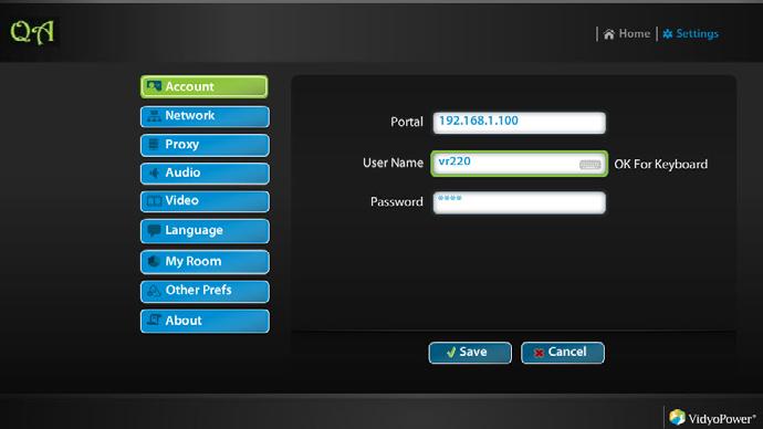 In the Name field, you set the VidyoRoom username and in the Password field you set a password.