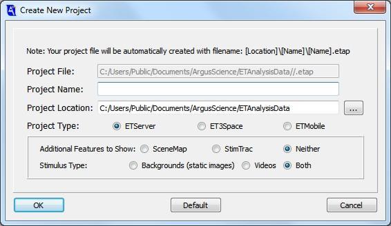 If opening the program for the first time, or if no last project is detected, the Create New Project dialog will appear automatically. Select the proper Project Type radio button.