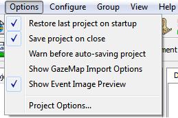 4.2.2 Options Menu The Options menu contains program features that are applicable to all projects opened within ETAnalysis (i.e., not project-dependent) with the exception of Show SceneMap Import Options which is only applicable to SceneMap projects.