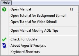 4.2.6 Help Menu Based on the project type and selected stimulus options, the help menu will contain some subset of the help menu items shown above.