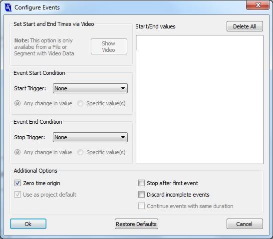 The user is then presented with the Configure Events dialog shown below Selections on the dialog will be explained in the following sections. 6.