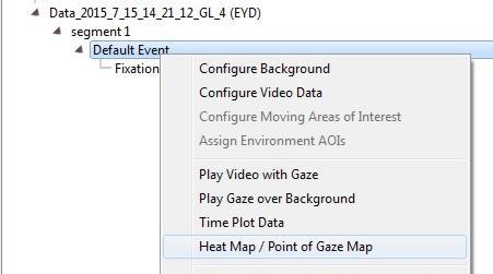On the tree diagram in the left panel select any event node and right click to display a context menu. Select Heat Map / Point of Gaze Map. The Heat Map Configuration dialog will appear.
