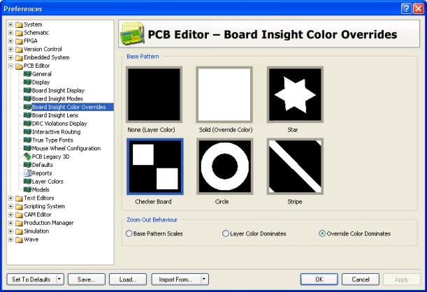 Override Patterns Having assigned the override colors to your nets, you can now choose how your new net highlight coloring will be used. The net highlighting is governed by a specified Base Pattern.