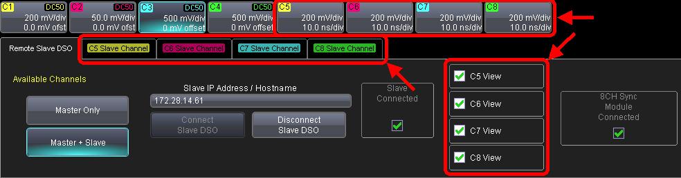 When the master successfully connects to the slave DSO, the Connect Slave DSO button is disabled, the Master + Slave and Disconnect Slave DSO buttons are enabled, and the Slave Connected checkbox is