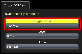 Trigger Trace Descriptor Label and the Trigger 8CH-Sync Dialog Touching the Trigger trace descriptor label on the master oscilloscope shows the Trigger 8CH Sync dialog.