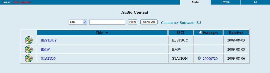 6.3.1 The Audio Tab The Audio Tab displays all audio type files which have been stored for later use by the receiver.