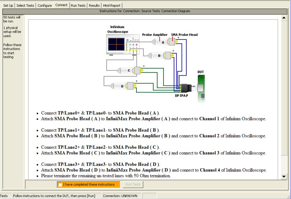 Figure 26: DUT Connection Diagram b. Check I have completed these instructions box Figure 27: Completed Instructions Check Box c. Push Run Tests to execute the DP1.2a Compliance Test 12.