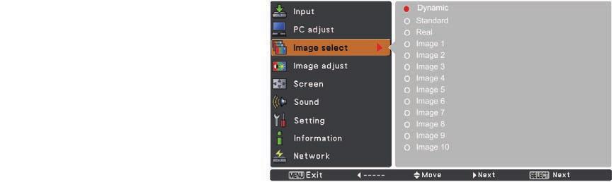 Computer Input Image Level Selection Menu Operation 1 2 Press the MENU button to display the On-Screen Menu. Use the Point buttons to select Image select and then press the Point or the SELECT button.