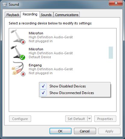 Figure 17: Windows 7 a microphone is active (green check mark).